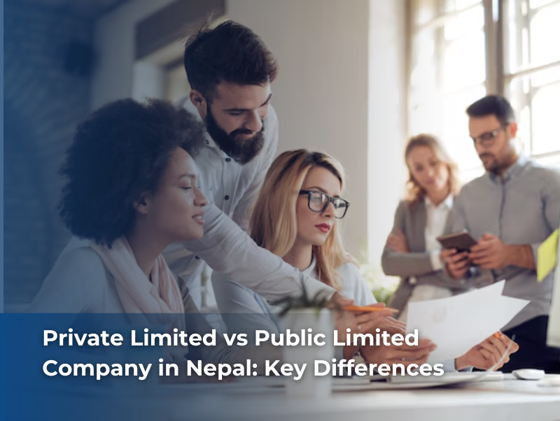 Foreign investors reviewing legal documents comparing Private Limited and Public Limited company registration in Nepal.
